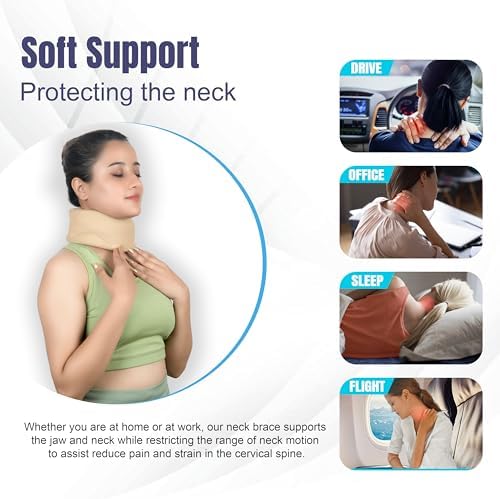 Wonder Care Neck Brace for Sleeping Cervical Collar Relief Neck Pain and Neck Support Soft Foam Wraps Relief of Cervical Spine Pressure for Women & Men (Beige, Large, 3.5" Depth)