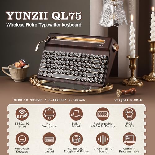 YUNZII QL75 Retro Typewriter Hot Swap RGB Keyboard (Wood, Onyx Switch)