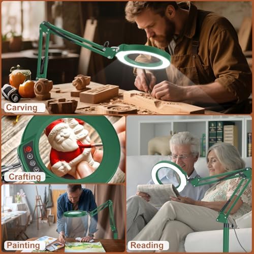 LANCOSC 15X Magnifying Glass with Light and Stand, 3-in-1 Adjustable Swing Floor Lamp, 5 Color Modes Stepless Dimmable, LED Lighted Hands Free Magnifier & Clamp for Reading, Crafts, Painting - Green