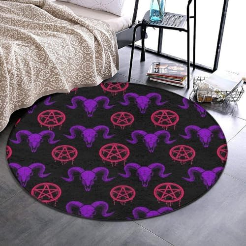Large Home Decor Mat, Soft Round Yoga Carpet, Non Slip Machine Washable Kitchen Office Circle Rug Mystical Ram Skull, 24inch