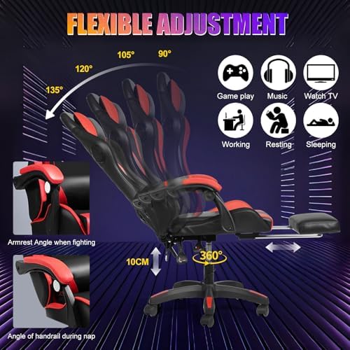 Gaming Chair with Bluetooth Speakers & Lights,Ergonomic High-Back Office Chair with Headrest & 135° Recline, 360° Swivel Height Adjustable Faux Leather Computer Chair for Gaming, Office & Study