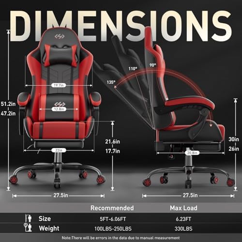 HLDIRECT High Back Gaming Chair, USB Massage Lumbar Support, Black&Red