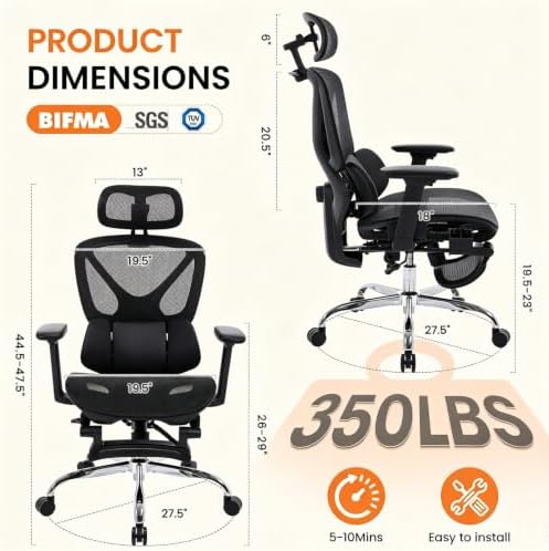 LuxErgo High Back Ergonomic Mesh Office Chair, Home Desk Chair with Adjustable Lumbar Support Foot Rest, 3D Headrest and Armrests, 350lbs Big and Tall High Back Reclining Gaming Chair, Black
