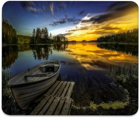 Boat at Lake Shore Mouse Pad, Rustic Bridge Wooden Pier Sunset Desk Mat