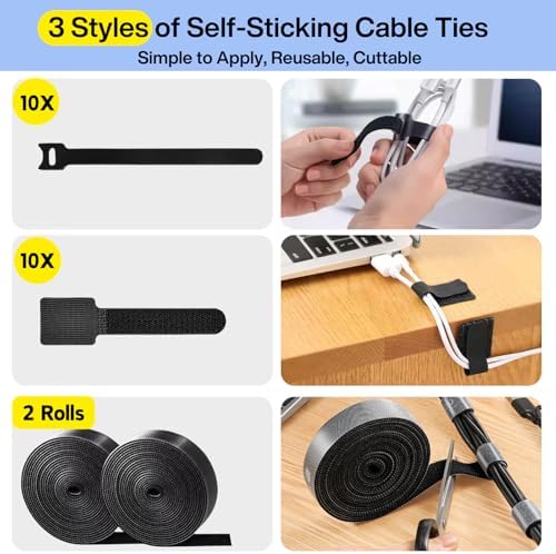 [313Pcs] Cable Management Kit, Reusable Computer Desk Cord Organizer, Black