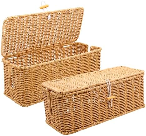 2PCS Cable Management Box, Handmade Rattan Cable Organizer Cord Basket