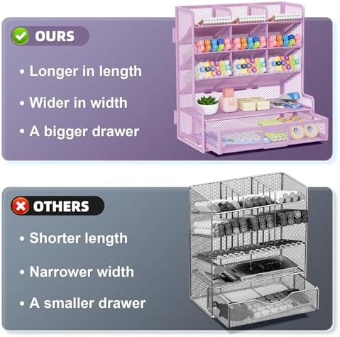 Marbrasse Larger Mesh Desk Organizer with Drawer, Multi-Functional Pen Pencil Holder, Easy Assembly, Desk Organizers and Accessories for Office Art Supplies (Purple)