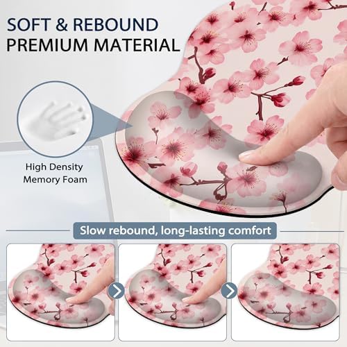 Cherry Blossoms Ergonomic Keyboard and Mouse Wrist Rest Set, Japanese Style Mouse Pad with Non Slip Base, Soft Cloth Surface for Office and Home Typing Support