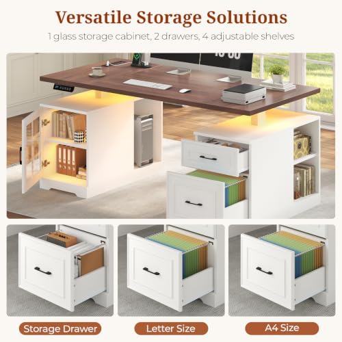 UPOSOJA 63" Farmhouse Electric Standing Desk with Drawers, Storage Shelves