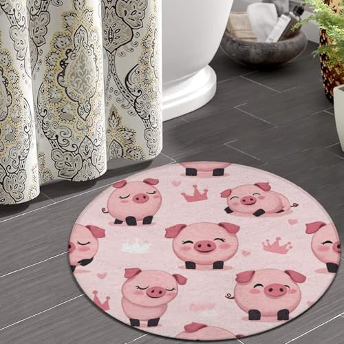 Soft Round Yoga Carpet, Large Home Decor Mat, Non Slip Machine Washable Kitchen Office Circle Rug Cute Pig Pink