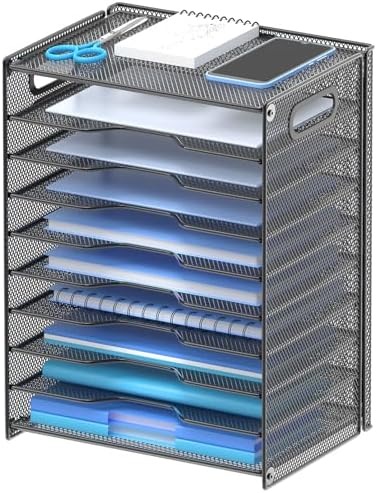 OUTWOLF 10 Tier Paper Organizer - Letter Tray Mesh Desk File Organizer with Handles for Office School Desktop, Black