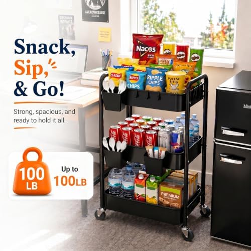 3 Tier Rolling Cart Metal with Wheels,Black Three Tiered Dorm Storage Carts