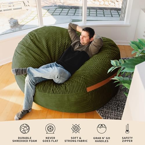 Big Joe Fuf 7Ft Giant Foam Bean Bag Chair, Oversized Couch with Removable Cover for Kids, Teens, Adults, Moss Green Corded Plush, 7 Foot Giant
