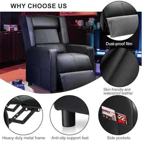 LUCKRACER Gaming Recliner Chair for Living Room Racing Style Single PU Leather Gaming Sofa for Adults Modern Game Recliners Ergonomic Comfortable Home Theater Seating, Black