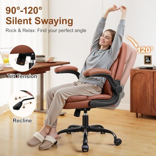 HeroSet Leather Office Chair with Upgraded Double-Layer Seat Cushion and Neckrest for Short People, Brown