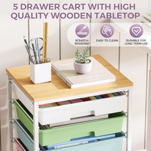 SYKIARIOL 5-Tier Rolling Cart with Drawers with Wooden Top, Ice Cream