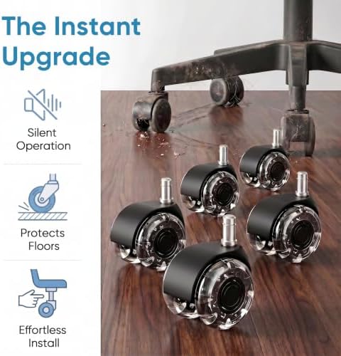 2 Inch Office Chair Wheels(Set of 5)-Heavy Duty Rubber Casters for Hardwood & Carpet, 2200lbs Capacity Universal Fit Smooth Rolling Casters Replacement Black