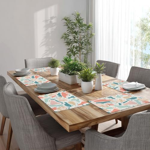 Batmerry Terrazzo Inspired Abstract Linen Placemats Set of 8, Pastel Geometric Shapes Washable Table Mats for Kitchen Table Thickened Heat Insulation Dining Set Indoor Outdoor 12X18 in