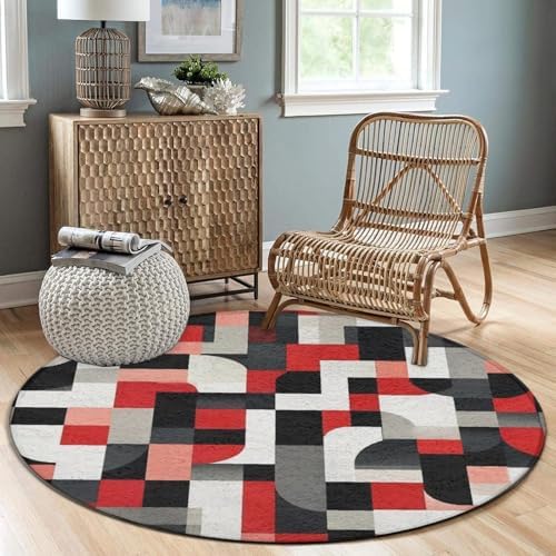 Large Home Decor Mat, Soft Round Yoga Carpet, Non Slip Machine Washable Kitchen Office Circle Rug Red Black Grey White Art
