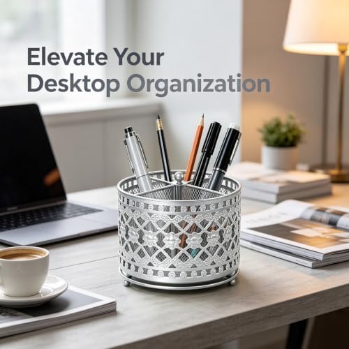 Pen Holder for Desk, 360 Degree Rotating Pencil Holder (Silvery)