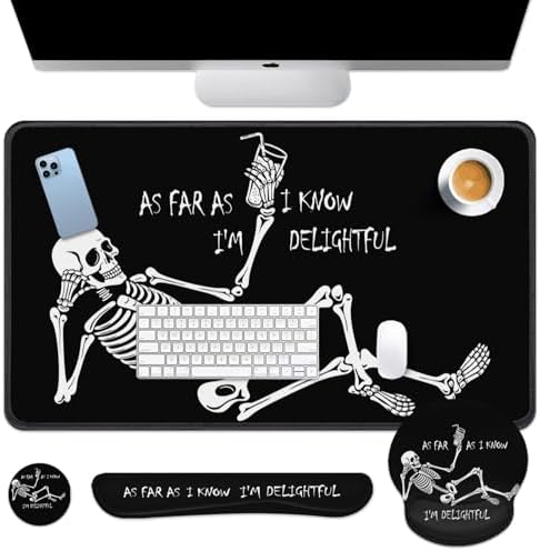 Britimes Keyboard Mouse Pad Set, 4 in 1 Desk Mat Set, Skull Skeleton Black