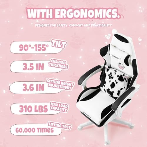Gaming Chair, Cute Cat Gaming Chairs with Paw Lumbar Cushion for Girls, Video Gamer Chair with Footrest for Girl Teen Woman (WhiteBlack-A)