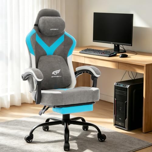 Ergonomic Gaming Chair for Adults - Comfortable Office Computer Chair with 20.5” Wide Seat, Adjustable Video Game Chair with Footrest and Lumbar Support for Home Office, Grey Blue
