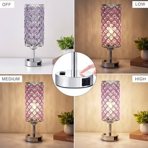 Hong-in Crystal Lamps Set of 2, 3 Way Dimmable Touch Lamp with Crystal Shade, Bedside Nightstand Lamps for Living Room Bedroom Home Office(Purple)