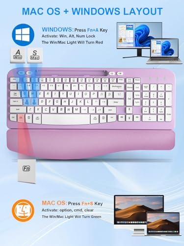 Hayyiesh Ergonomic Wave Keys Wireless Keyboard and Mouse Combo, Full Size with Memory Foam Wrist Rest & Phone Holder, 2.4G Cordless Set with USB-C Adapter for Windows Mac Desktop Laptop (Purple)
