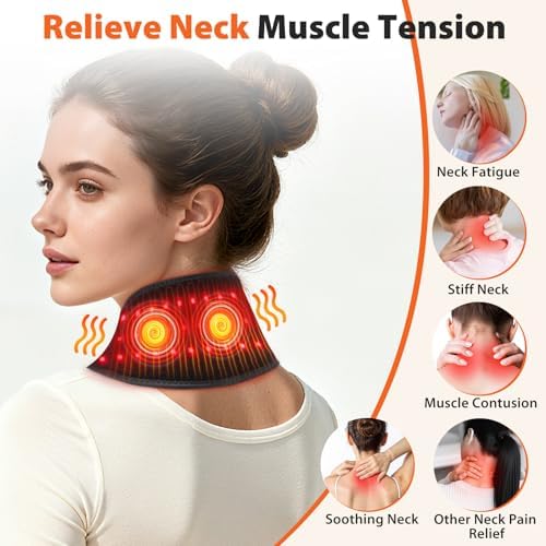 Neck Heating Pad with Massage, Heating Neck Wrap with 660nm 850nm Red Light, with 3000mAh Rechargeable, 3 Levels Heat & 3 Massage, Electric Nape Heating Pad for Soreness Stiffness