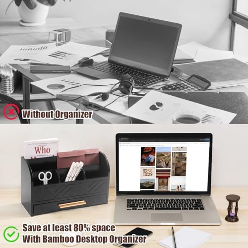 Charmewooden Black Desktop Organizer with Drawer Storage, White Desk Organizer Mail Holder Mail Organizer Countertop Pen Holder Letter Sorter Make up Organizer for School Home Office Supplies