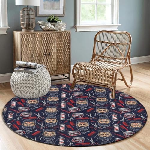 Soft Round Yoga Carpet, Large Home Decor Mat, Non Slip Machine Washable Kitchen Office Circle Rug American Barber Shop Tools, 24inch