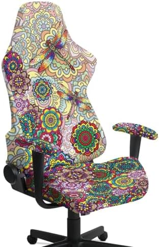Dragonfly Print Stretch Gaming Chair Cover with Armrest Covers Boho Mandala Flower Print Washable Breathable Gamer Chair Slipcover