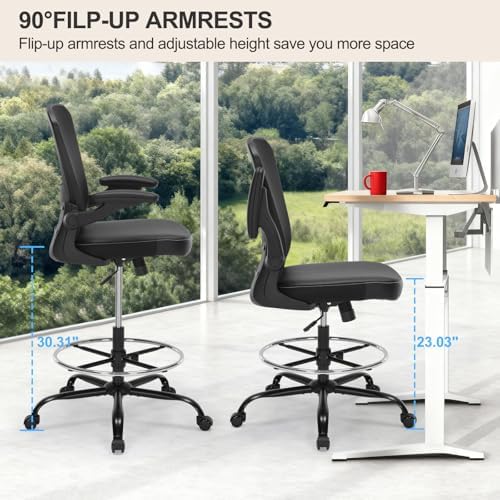 Drafting Chair Tall Office Chair with PU Leather Seat, 400lbs Ergonomic Standing Desk Chair with Lumbar Support,Counter Stool with Adjustable Footrest Ring & Flip-up Armrests,Black