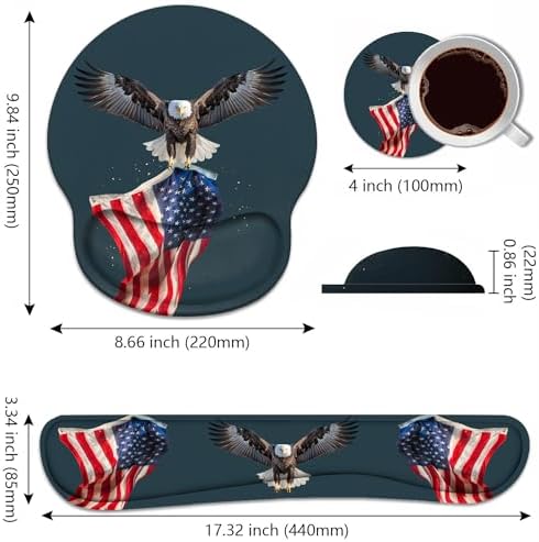 Keyboard Wrist Rest and Mouse Pad Wrist Rest Support Set with Coasters, Non-Slip PU Base for Gaming and Office, Comfortable & Lightweight for Easy Typing & Pain Relief, American Flag Patriotic Eagle