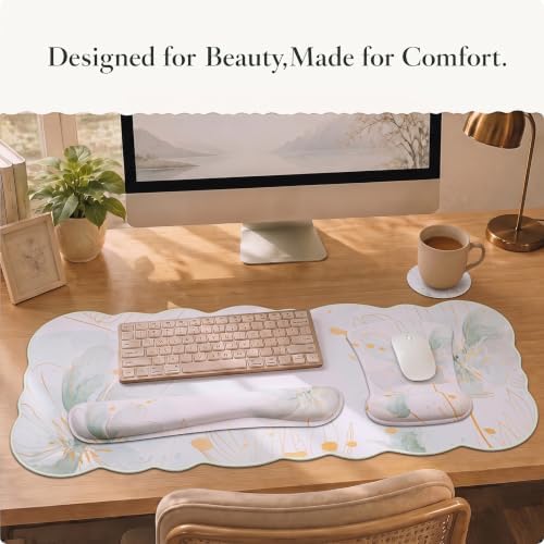 Scalloped Desk Mat 4-in-1 Set, XXL Large Wave Edge Mouse Pad with Gel Wrist Rest, Memory Foam Keyboard Wrist Rest & Coaster, Watercolor Floral Aesthetic Desk Pad for Women