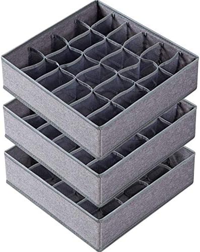 Criusia 3 Pack Sock Underwear Drawer Organizer Dividers, 64 Cell Fabric Foldable Dresser Organizer for Closet Organizers and Storage Boxes for Organizing Socks, Underwear, Ties (16+24+24 Cell, Gray)