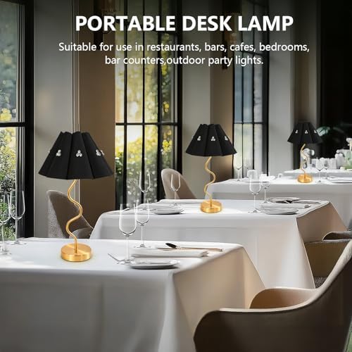 Cordless Rechargeable LED Table Lamp, Portable Desk lamp Battery, 3 Color Stepless Dimming with Memory Function, Suitable for Outdoor, Dinner, Patio & Restaurant. (Black with Diamonds)