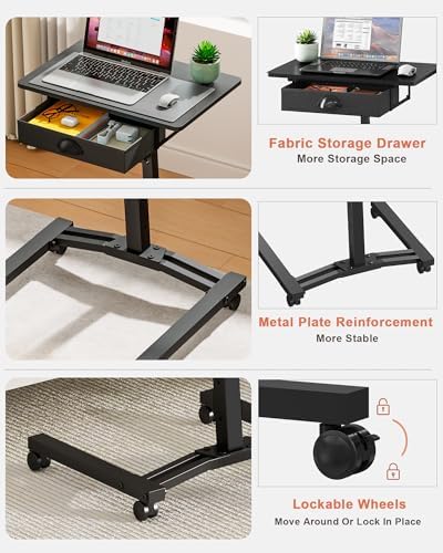 Rolling Adjustable Height Computer Desk With Drawers, Small Mobile Laptop Desk Cart On Wheels For Small Spaces Home Office, Portable Sitting Laptop Table For Bed Couch Load Up To 60LBS, Sturdy, Black