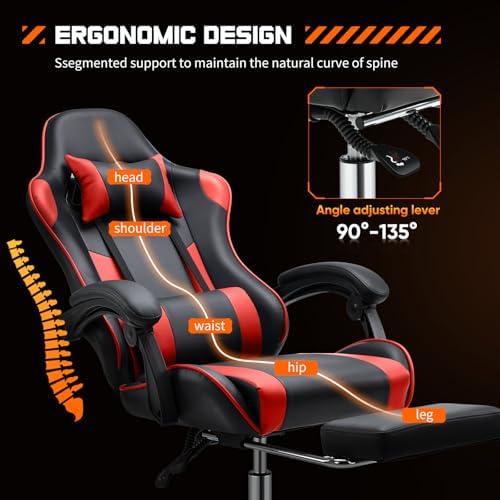 NEWBULIG Computer Gaming Desk Chair - High Back Ergonomic Lumbar Support with Footrest and Headrest, Comfy PU Leather Recliner with Linkage Armrest, Height Adjustable and 360° Swivel, Red