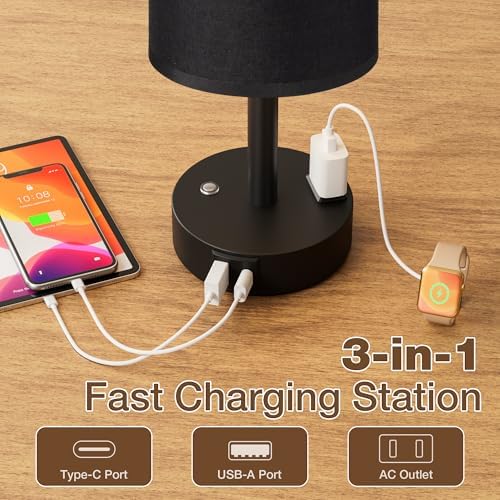 Black Touch Bedside Lamp for Bedroom, Stepless Dimmable, USB A+C, AC Outlet
