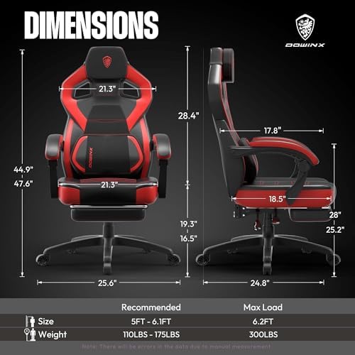 Dowinx Big and Tall Gaming Chair, Red, Modern High Back, PU Leather, Steel Frame, Ergonomic, Adjustable Headrest, Footrest, Massage Lumbar Support