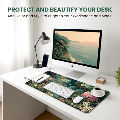 Aesthetic Desk Mat, Cute Enchanted Forest Desk Pad Protector for Work & Decor, 35.4" x 15.7", Pretty Non-Slip Extended Mouse Pad for Office or Home