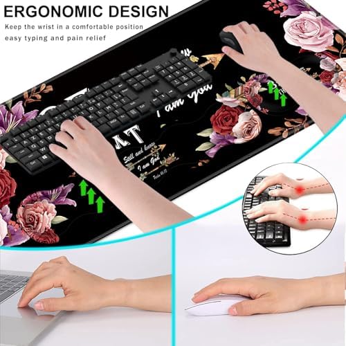 Keyboard Wrist Rest and Mouse Pad with Wrist Support Set Ergonomic Coaster,Memory Foam,Easy Typing Pain Relief,Large XL Desk Mat 31.5"x 11.8",Bible Verse Psalm 46-10 Adorable Peony Flower