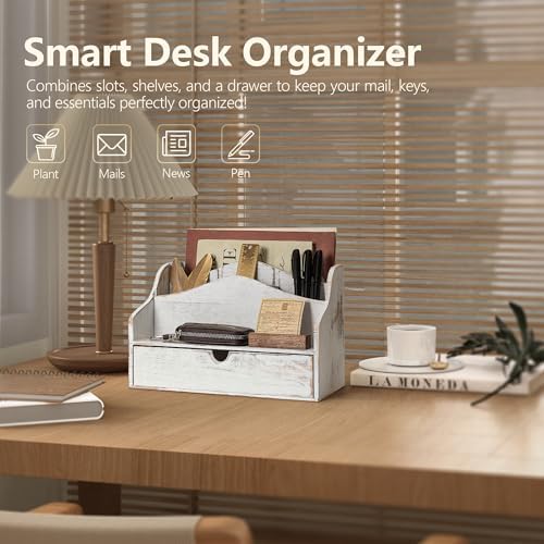 Rebee Vision Mail Organizer for Desk with Drawer for Room Decor, Whitewash