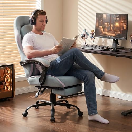 Video Gaming Chair, Ergonomic Office Chair with Footrest, Lumbar Support and Linkage Armrests, Swive Home Video Game Chairs for Adults, Blue