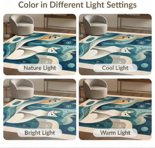 8'x10' Teal Blue Cat Boho Abstract Design Washable Area Rug