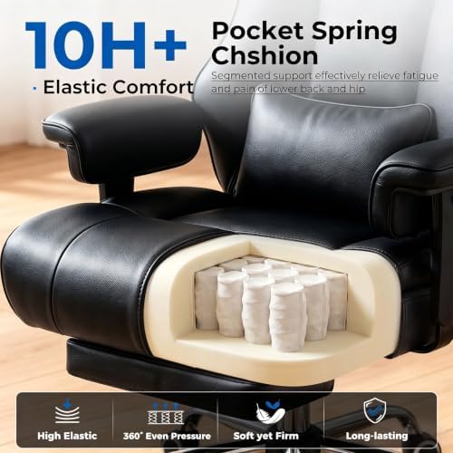 COMHOMA Big and Tall Office Chair,Heavy Duty Gaming Chair with Foot Rest and Wide Pocket Spring Cushion Reclining Height Adjustable for Home Office Work, Comfy Pu Leather Black