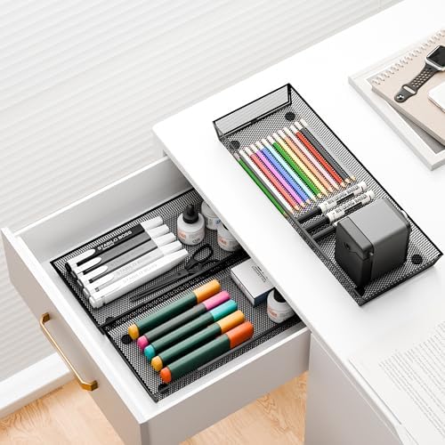 Mesh Tray Silverware Drawer Organizer Utensil Cutlery Tray Office Supplies Organizer for Flatware, Knives,Home,Office, School,Bedroom 15X6'' Black