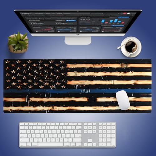 Vintage US Thin Blue Line Large Mouse Pad, Rustic Wood Pride Flag Desk Mat